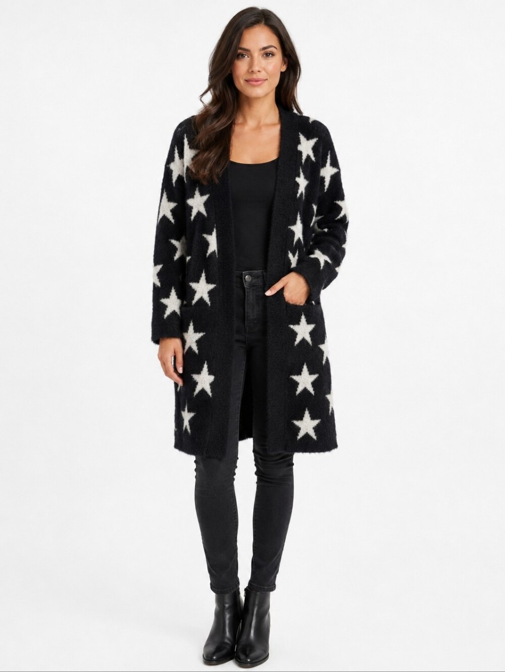 POL Black Star Print Super Soft Duster Cardigan | Oversized Cozy Open Front NWOT
